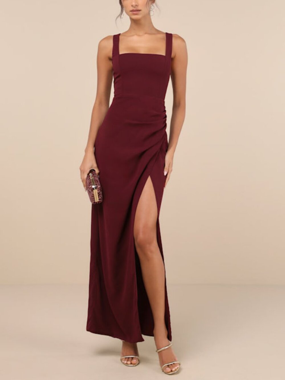 Lulus Glamorous Disposition Burgundy Ruched Maxi Dress Red - Size L